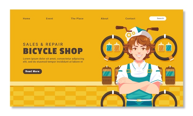 Vettore gratuito modello di pagina di destinazione di un negozio di biciclette flat design