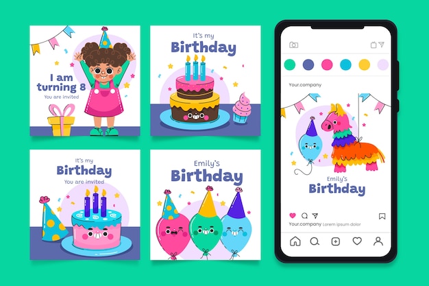 Бесплатное векторное изображение Плоский дизайн постов в instagram о праздновании дня рождения
