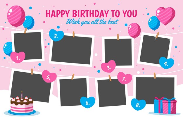 Flat design birthday collage frames collection