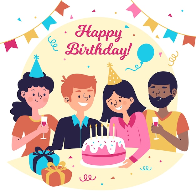 Illustrazione di compleanno design piatto con persone e torta