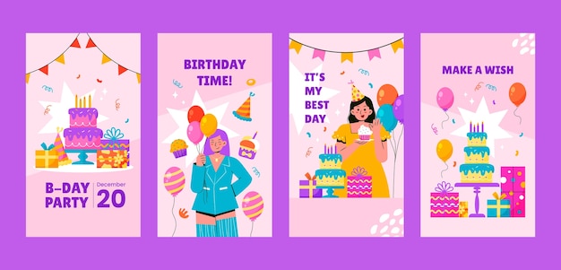 Flat design birthday party instagram stories