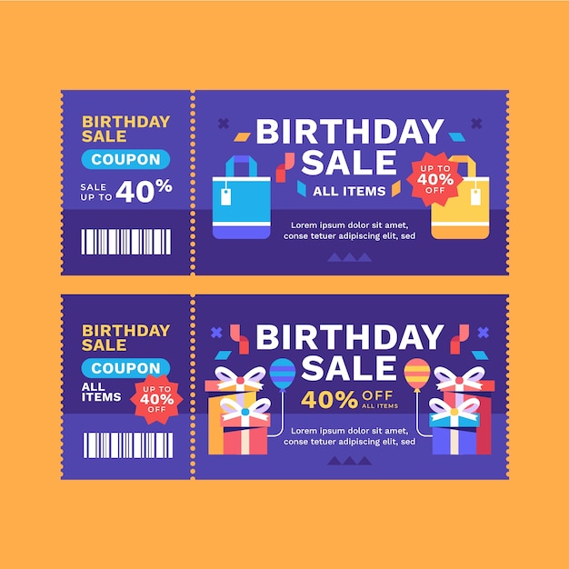 Flat design birthday sale coupon set