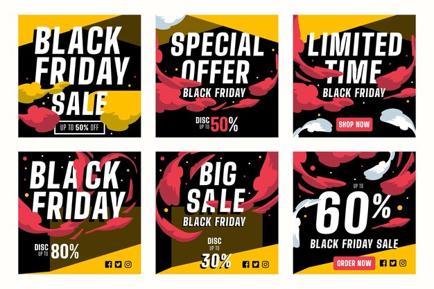 Flat design black friday instagram posts pack