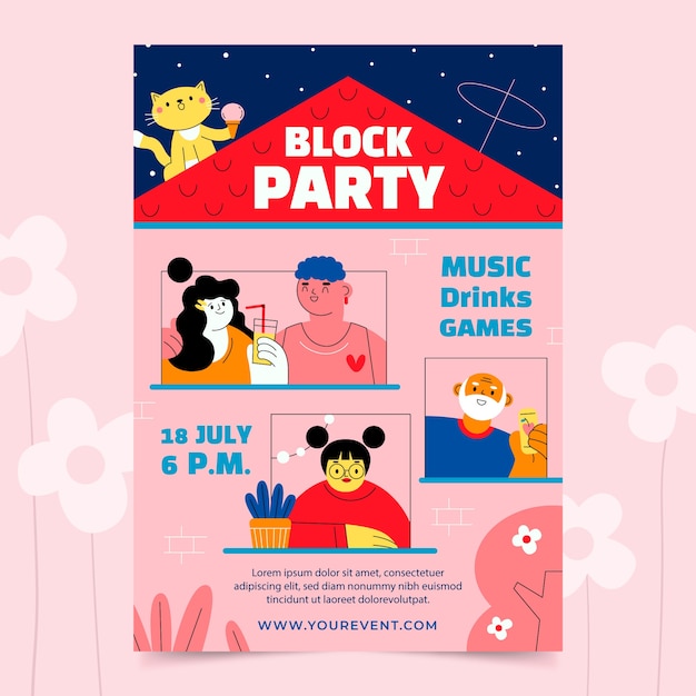 Free vector flat design block party flyer design