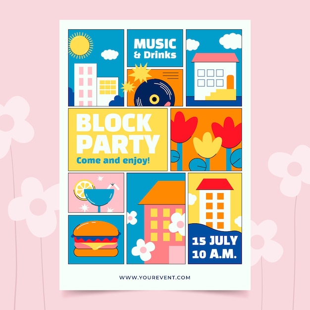 Flat design block party flyer template free vector download