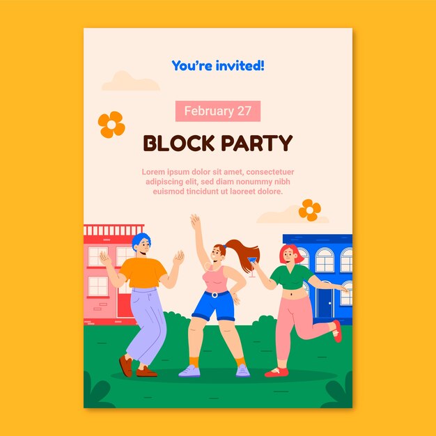 Flat design block party invitation template