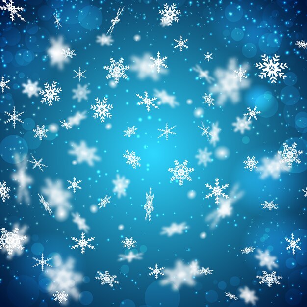 Плоский дизайн синий фон с падающими белыми снежинками разной формы