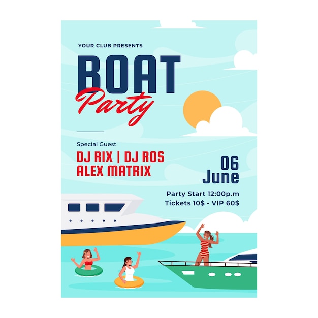 Flat design boat party flyer design