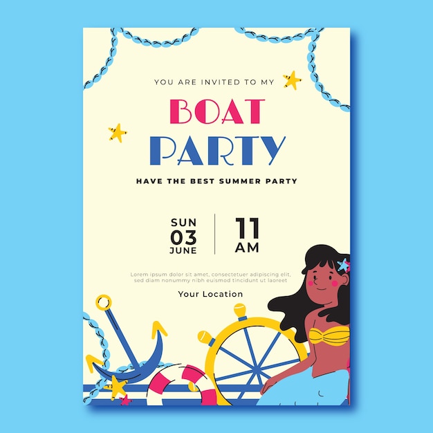 Flat design boat party invitation template