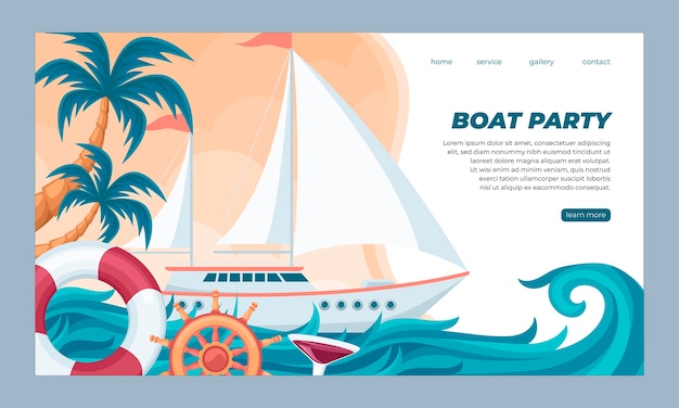 Целевая страница вечеринки на лодке с плоским дизайном