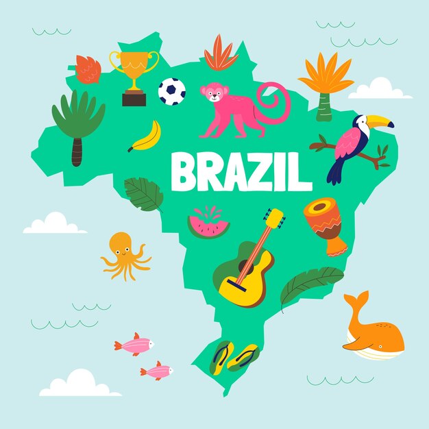 フラットなデザインのブラジル地図イラスト