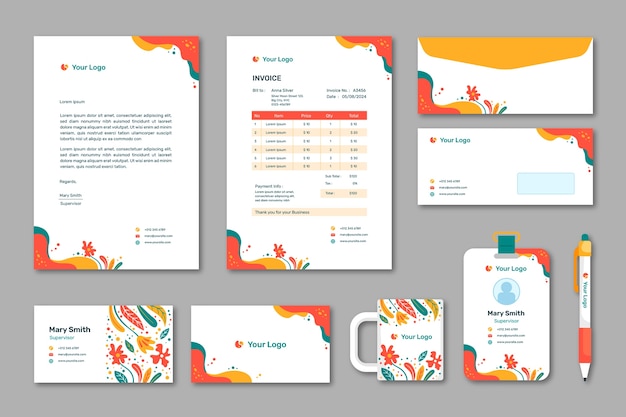 Flat design business stationery template