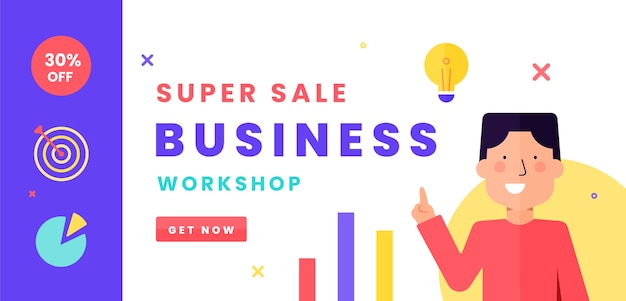 Flat design business workshop horizontal sale banner