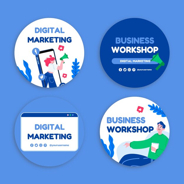 Flat design business workshop labels set