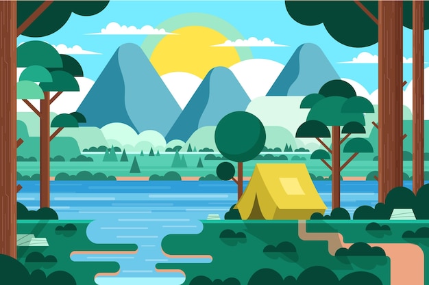Flat design camping area landscape with tent and forest