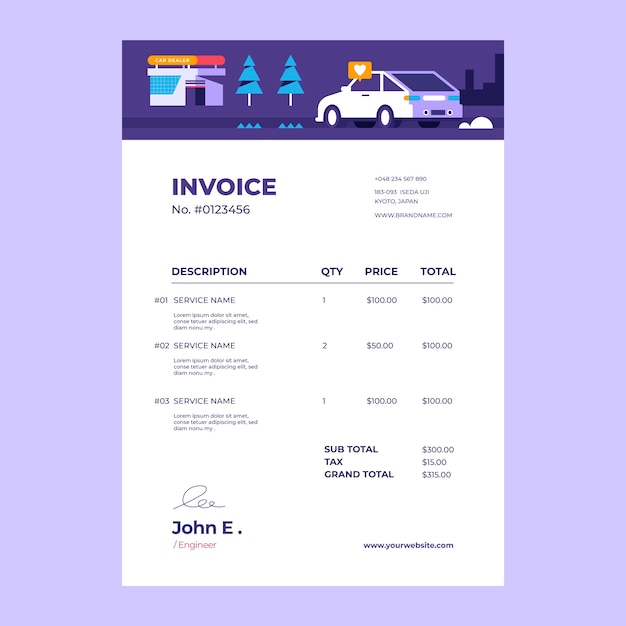 Flat design car dealership invoice template