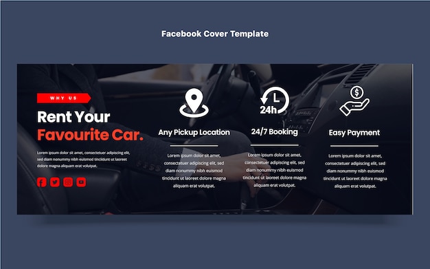 Vettore gratuito copertina facebook di noleggio auto dal design piatto