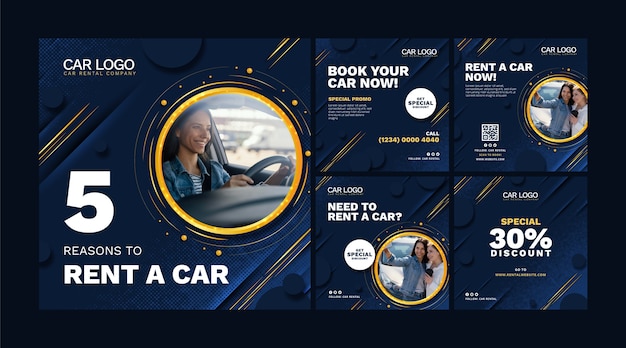 Vettore gratuito collezione di post instagram di autonoleggio design piatto