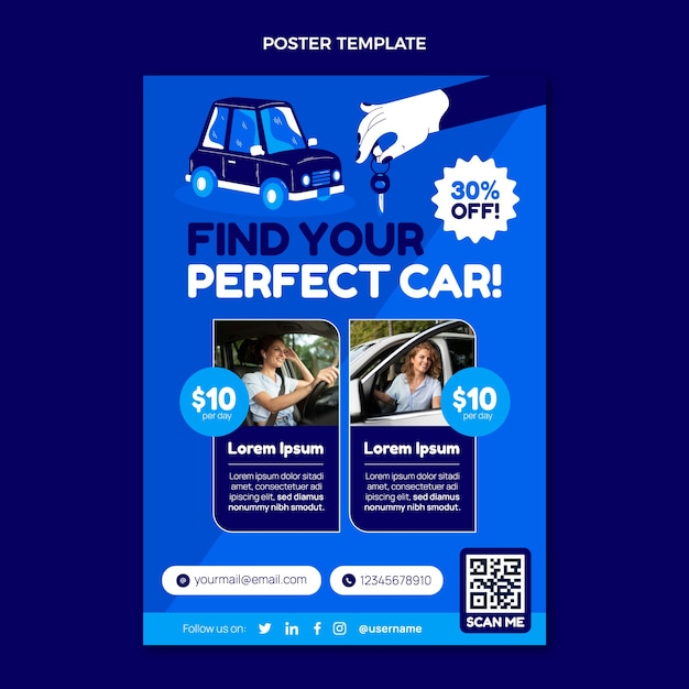 무료 벡터 평면 디자인 자동차 렌탈 포스터 템플릿