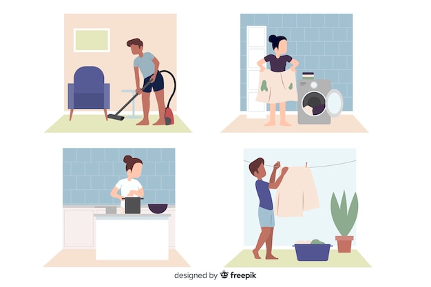 Free vector flat design characters doing housework