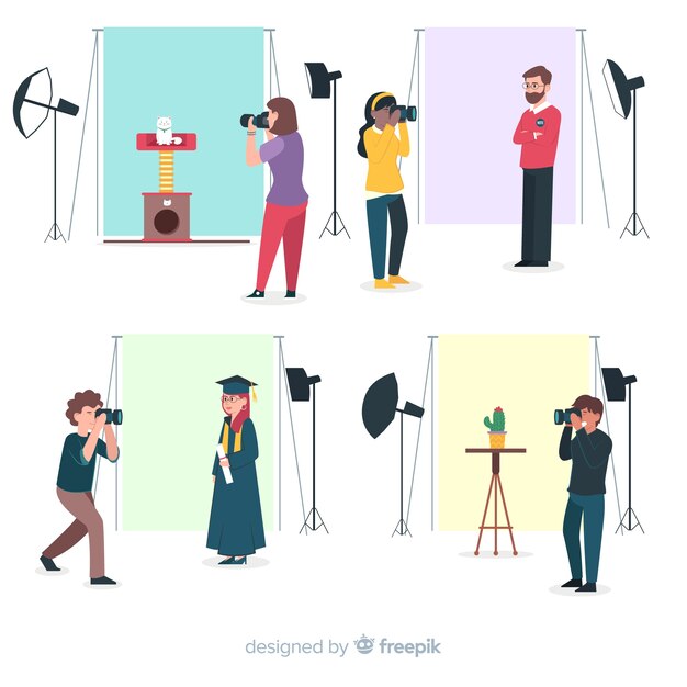 Flat design characters photographers working in studios