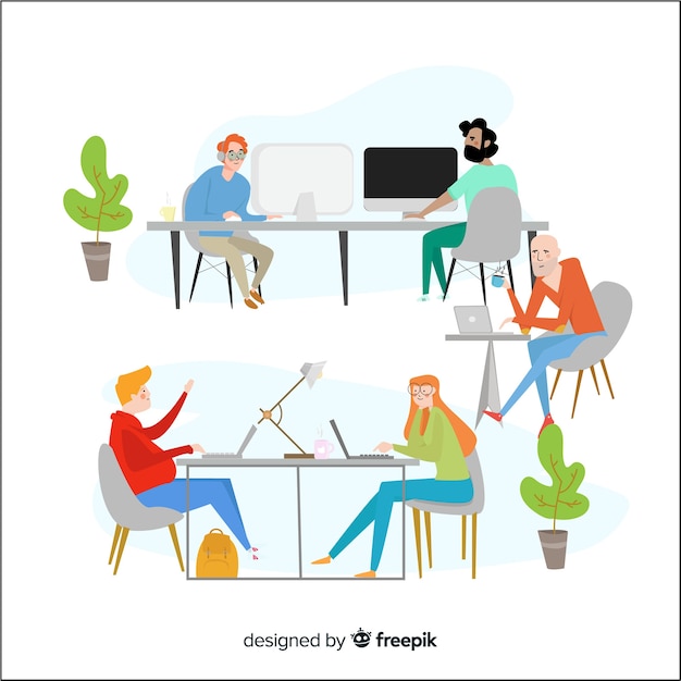 Free vector flat design characters sitting at desks in office