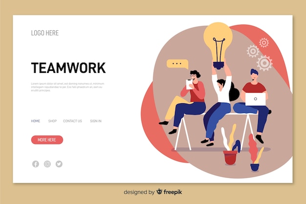 Free vector flat design characters working together teamwork landing page