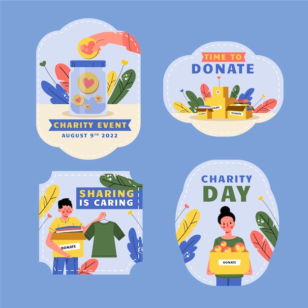 Flat design charity event labels template
