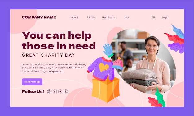 Flat design charity event landing page template