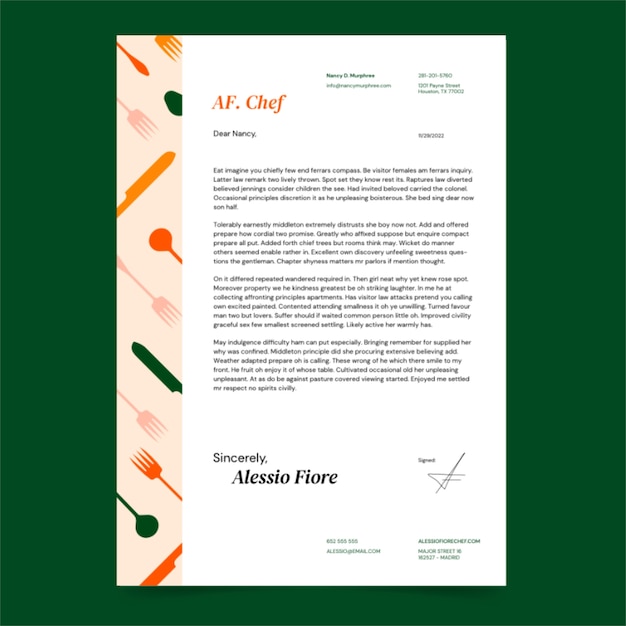 Free vector flat design chef career letter