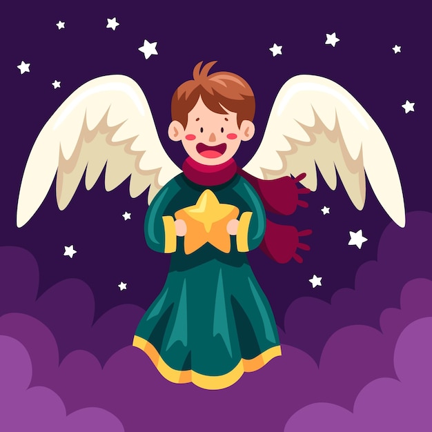 Flat design christmas angel  holding star