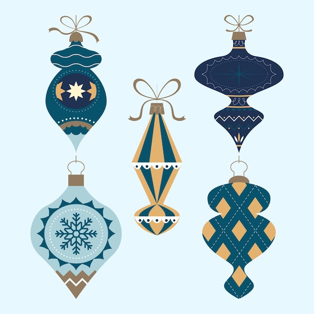 Коллекция рождественских украшений в плоском дизайне