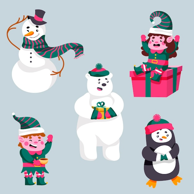 Flat design christmas characters collection