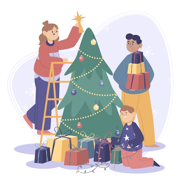 Flat design christmas family scene illustration