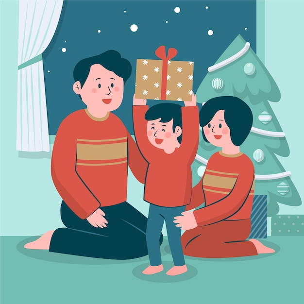 無料ベクター フラットなデザインのクリスマス家族のシーン
