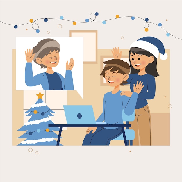 Free vector flat design christmas family videocall with laptop