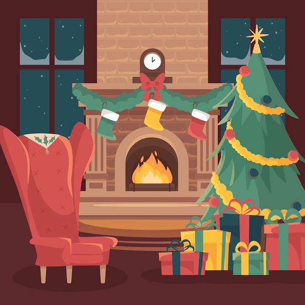 Flat design christmas fireplace scene illustration