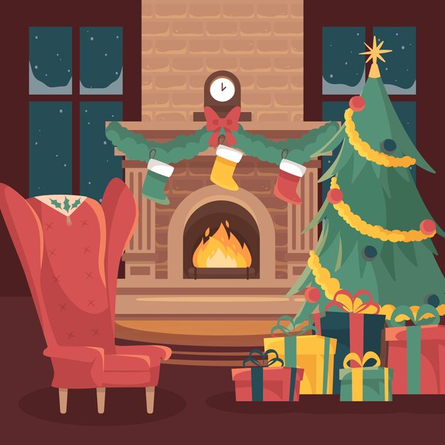 フラットなデザインのクリスマス暖炉シーンイラスト