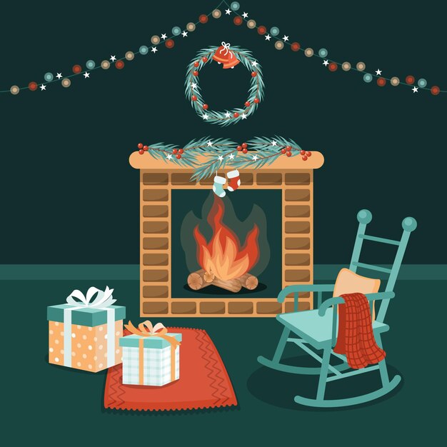 Flat design christmas fireplace scene illustration