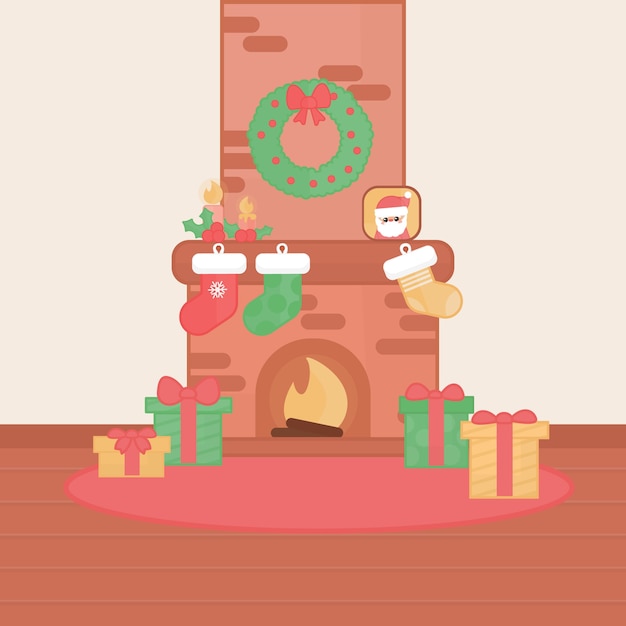 Free vector flat design christmas fireplace scene