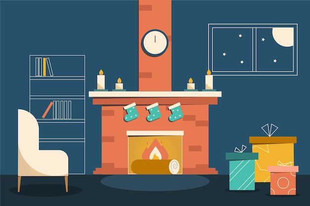 Free vector flat design christmas fireplace scene