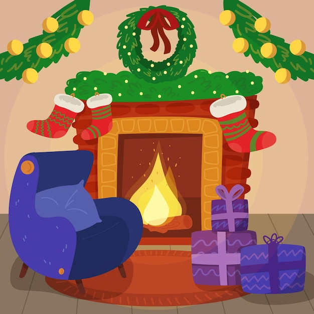 フラットなデザインのクリスマスの暖炉のシーン