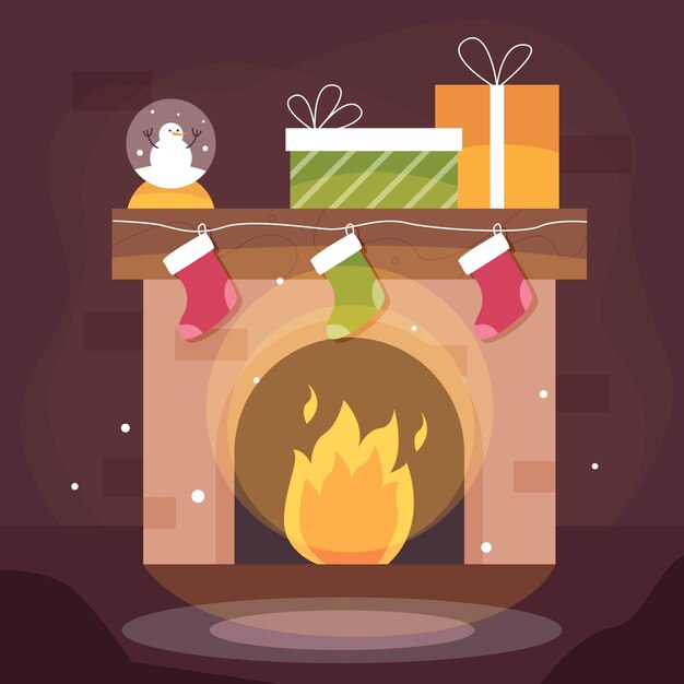 Flat design christmas fireplace scene