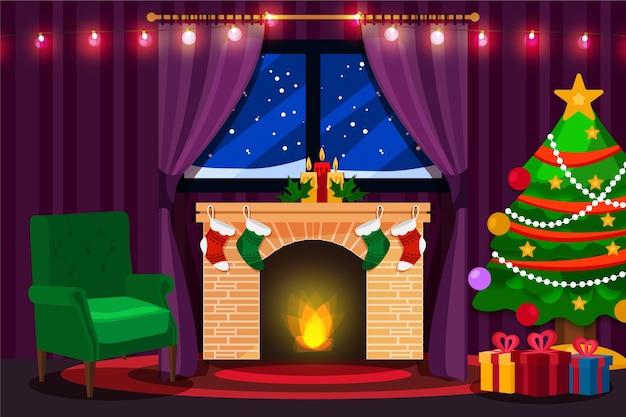 Free vector flat design christmas fireplace scene