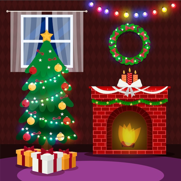 Flat design christmas fireplace scene