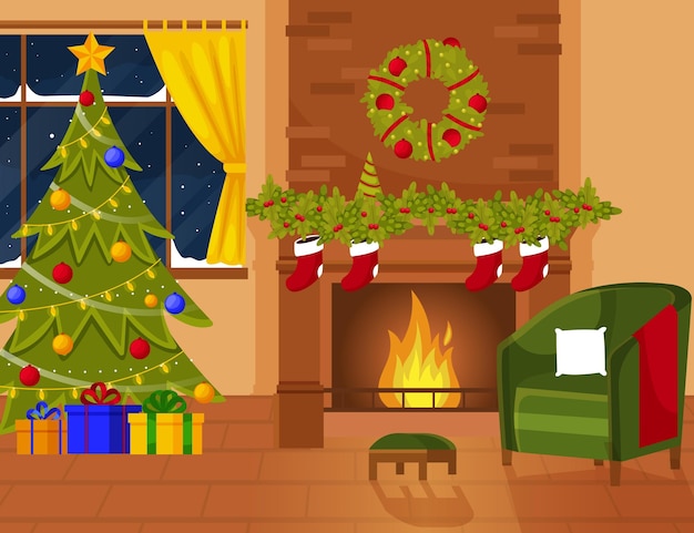 Free vector flat design christmas fireplace scene