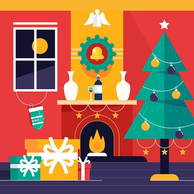 Flat design christmas fireplace scene