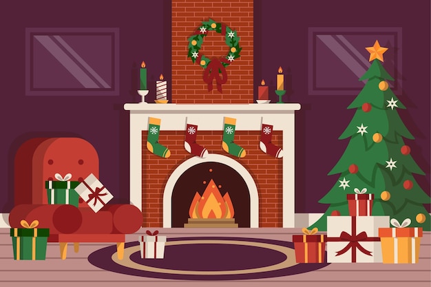 Flat design christmas fireplace scene