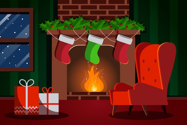 Flat design christmas fireplace scene