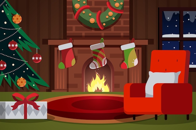 Free vector flat design christmas fireplace scene